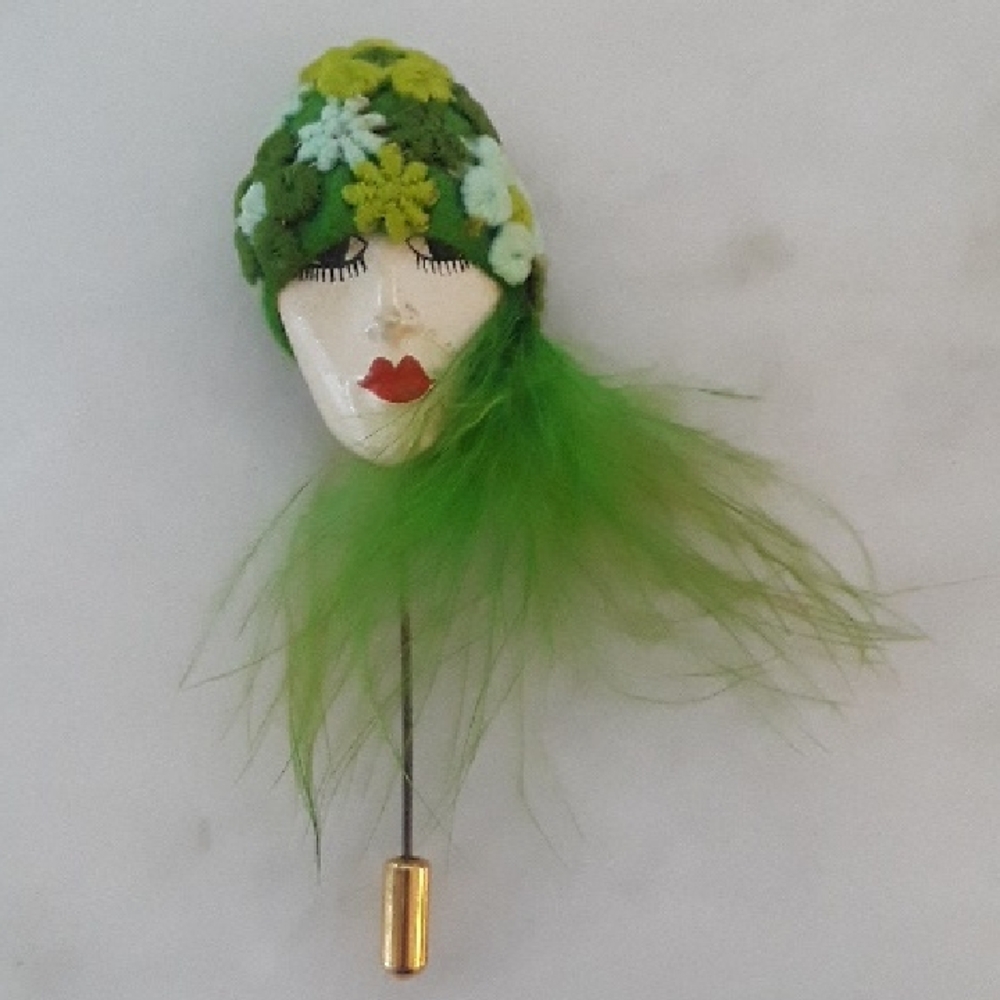 Beautiful Vintage French Flapper Stick Pin Brooch 1970s Collectible, Handpainted
